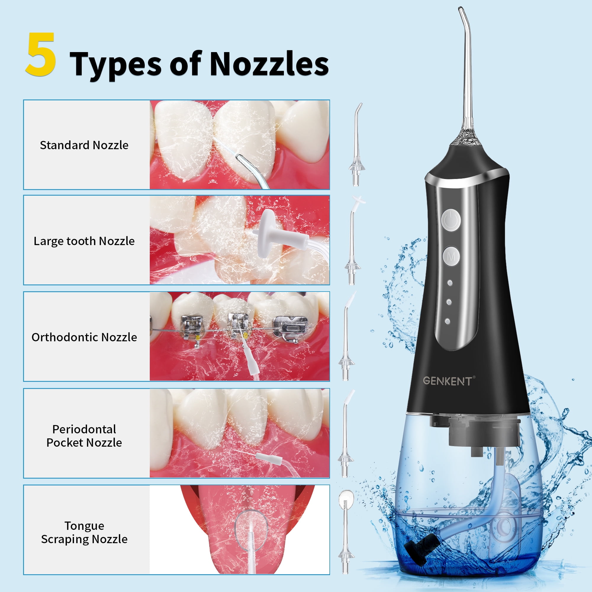 GENKENT Water Flosser for Teeth, Cordless Dental Flosser 3 Modes 5 Tips Rechargeable, Black