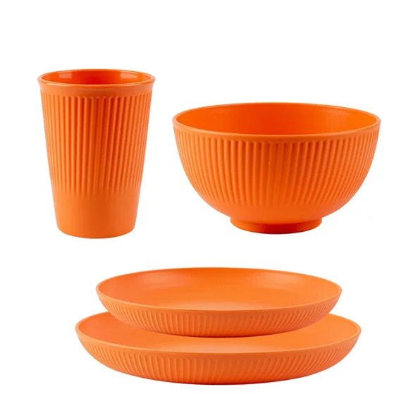 4-Piece Dinnerware Set JAOER Wheat Straw Bamboo Unbreakable Plates Bowls Cups Eco Friendly Solid Western Style 4Pcs Orange