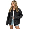 thumbnail image 6 of Domzest Oversized Denim Jacket for Women Long Sleeve Classic Button Down Jean Coat Boyfriend Style Jeancket with Chest Pocket Black XL, 6 of 6