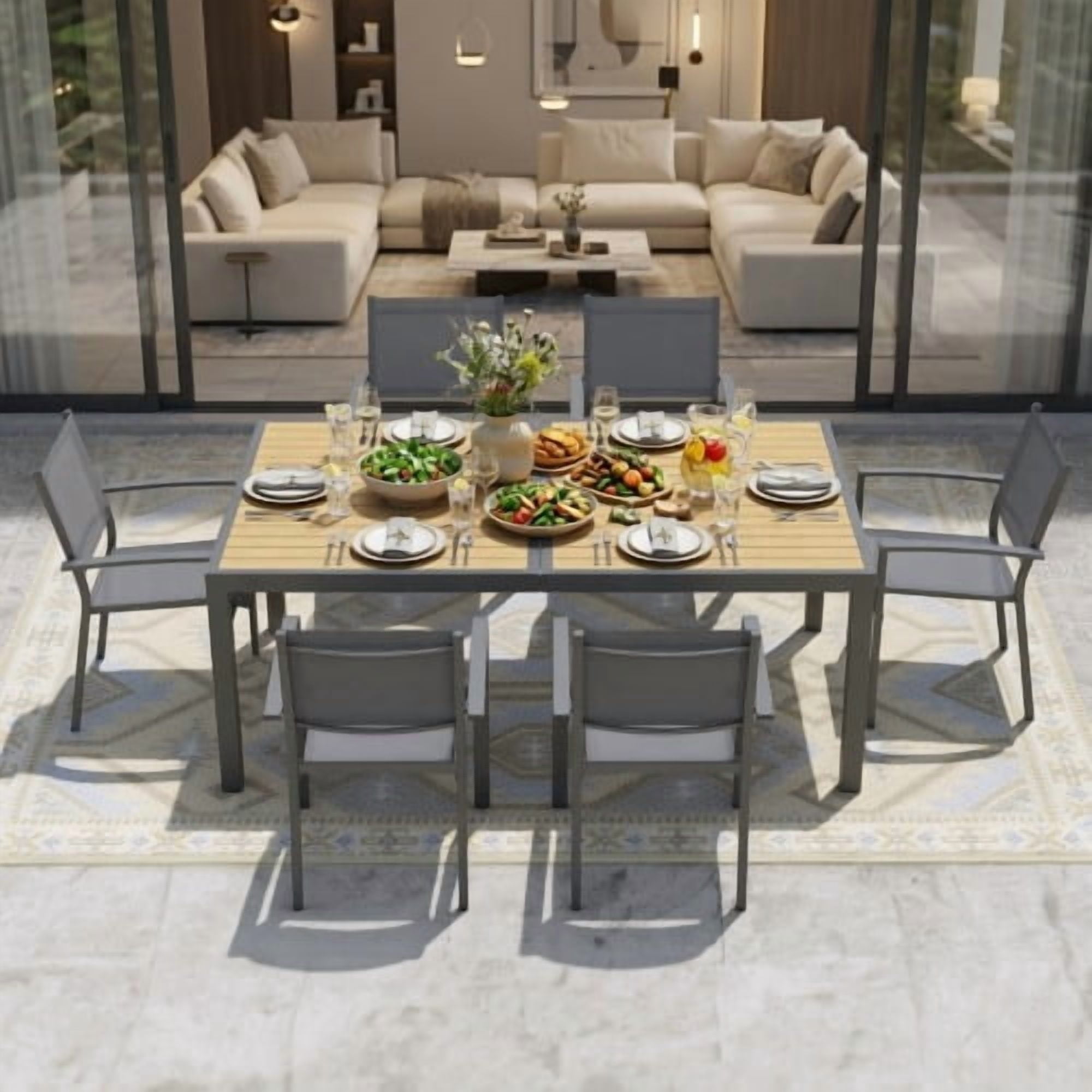 7-Piece Grey Patio Dining Set, 59 in. All-Weather HDPS Aluminum Table & 6 Textilene High-Back Chairs, Heavy-Duty 6-Seat Outdoor Furniture