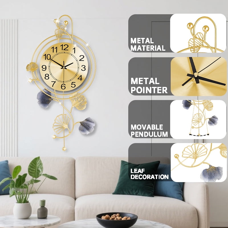 Elegant Metal Wall Clock with Pendulum and Gold and Gray Leaves, Modern Non-Walking Silent Metal Wall Clock