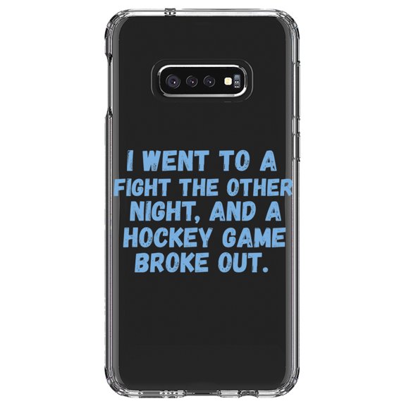 DistinctInk Clear Shockproof Hybrid Case for Samsung Galaxy S10e (5.8" Screen) - TPU Bumper Acrylic Back Tempered Glass Screen Protector - I Went to a Fight And a Hockey Game Broke Out