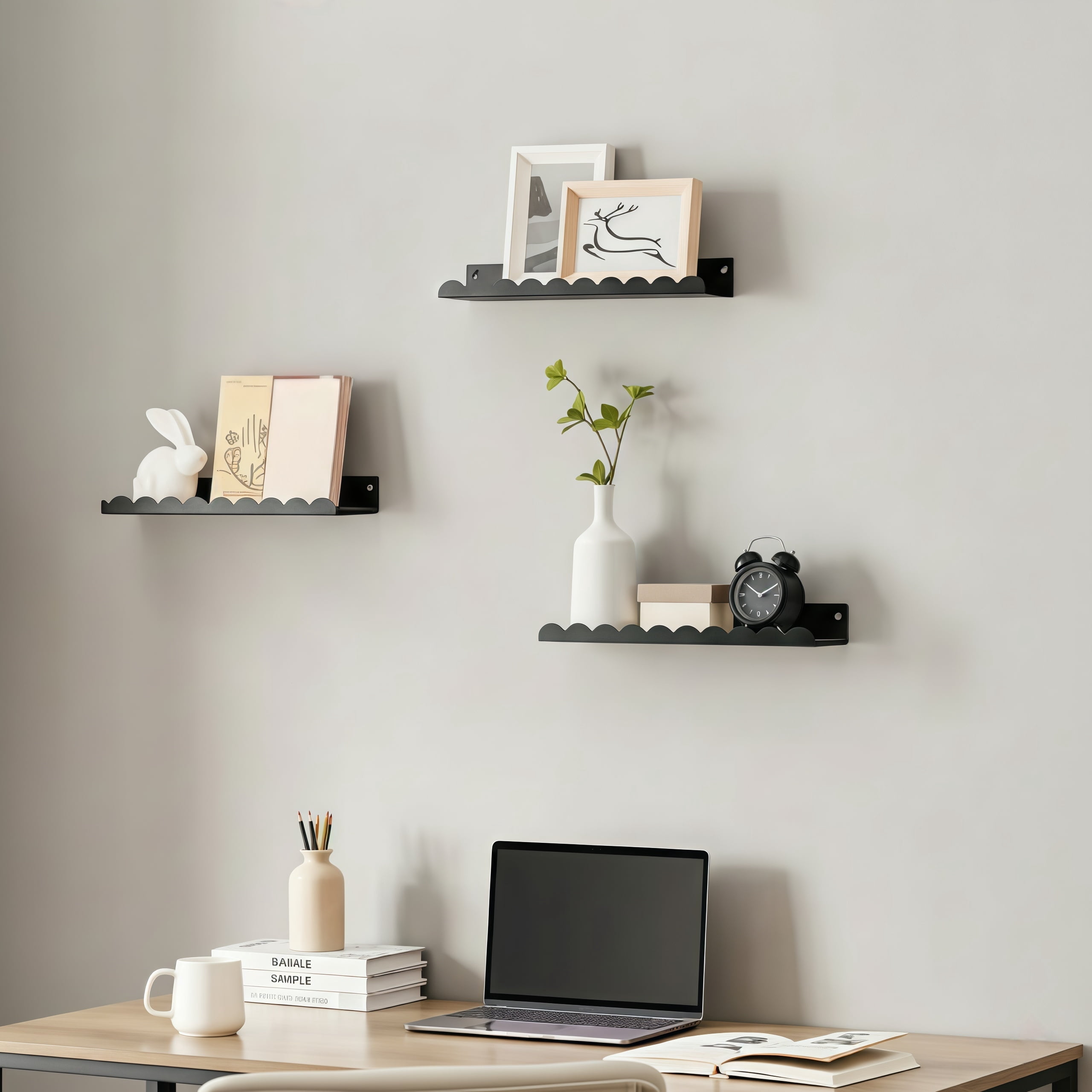 6-Piece Black Metal Floating Shelves, 16" Modern Wall  Nursery Bookshelf Display Organizer for Living Room, Office, Bathroom, Bedroom, Kid's Playroom Wall Decor