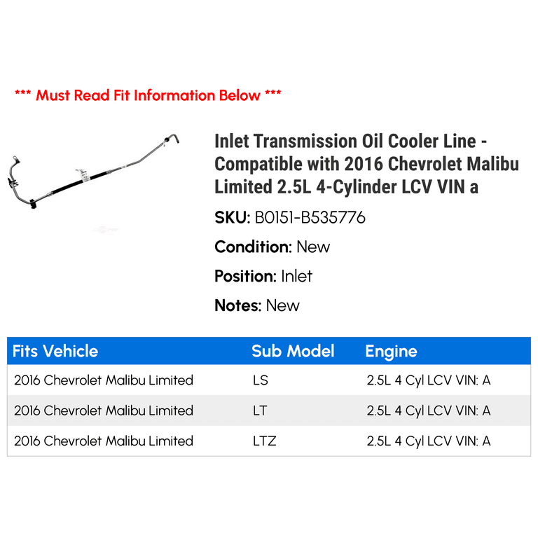 Inlet Transmission Oil Cooler Line - Compatible with 2016 Chevy 
