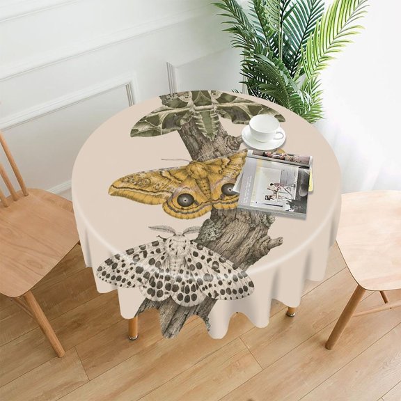 RKSupls 60 Inch Round Tablecloth, Moths On Branch Premium Polyester Straight Edge Wrinkle Resistant Washable Table Cover for Party Home Dining Decor