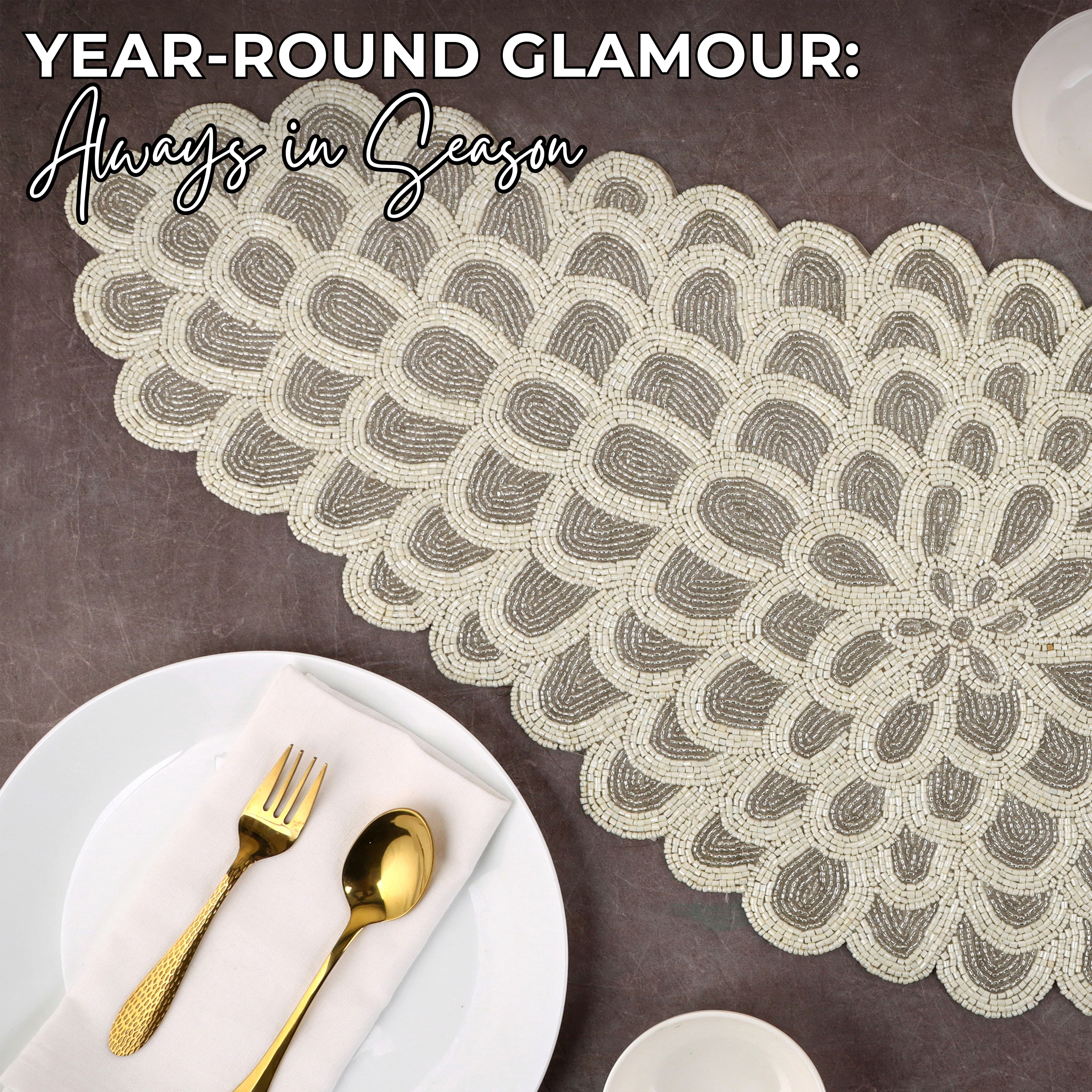 Handcrafted Glass Beaded Table Runner - Elegant Decorative Dining Table Décor (White Silver)