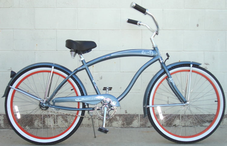 Micargi ROVER GX 26" Beach Cruiser Coaster Brake Single Speed Stainless Steel Spokes One Piece Crank Alloy Red Rims 36H With Fenders Color: Gray/ Red Rim