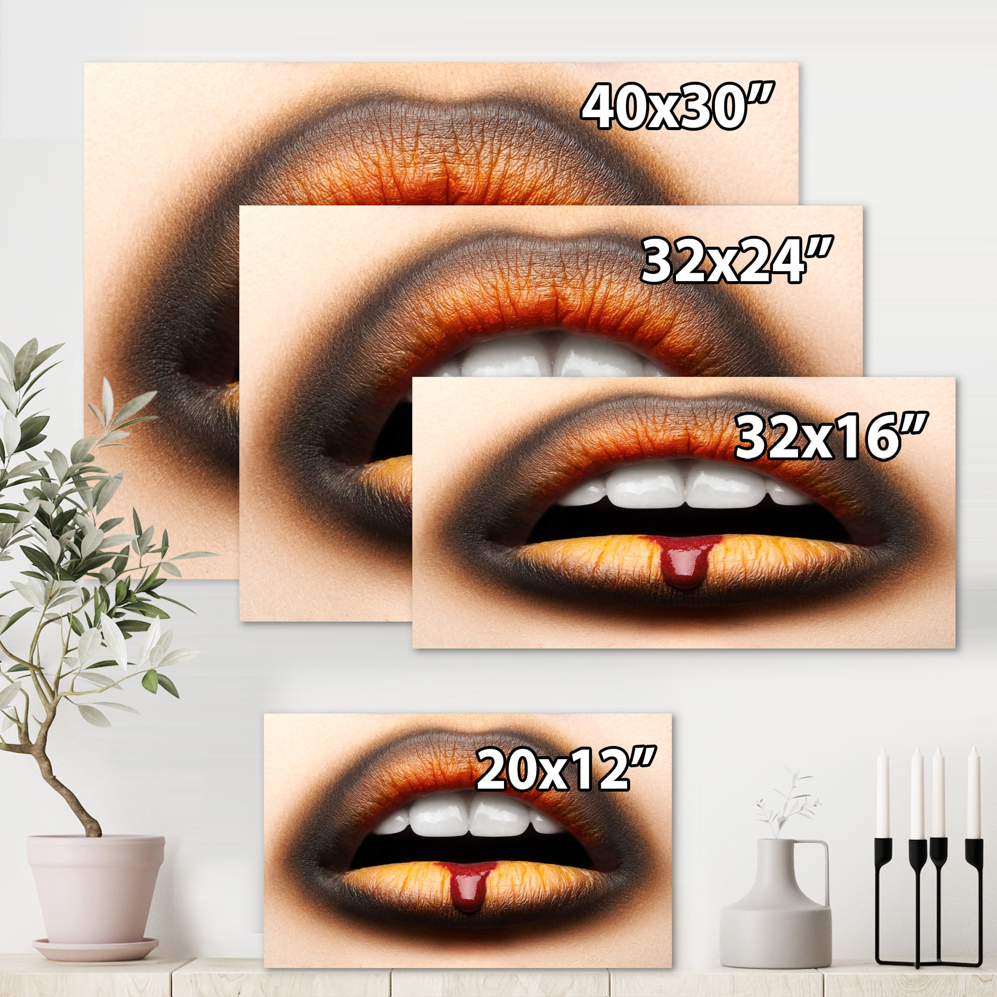 Woman Lips With Black & Orange Lipstick 12 in x 8 in Photography Canvas Art Print, by Designart