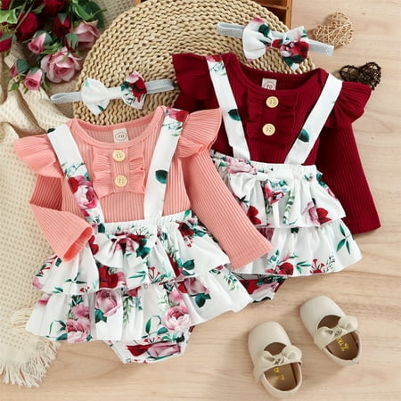 

Zukuco Newborn Infant Baby Girl Clothes Romper Floral Suspender Tutu Dress Headband 3PCS Outfit Set