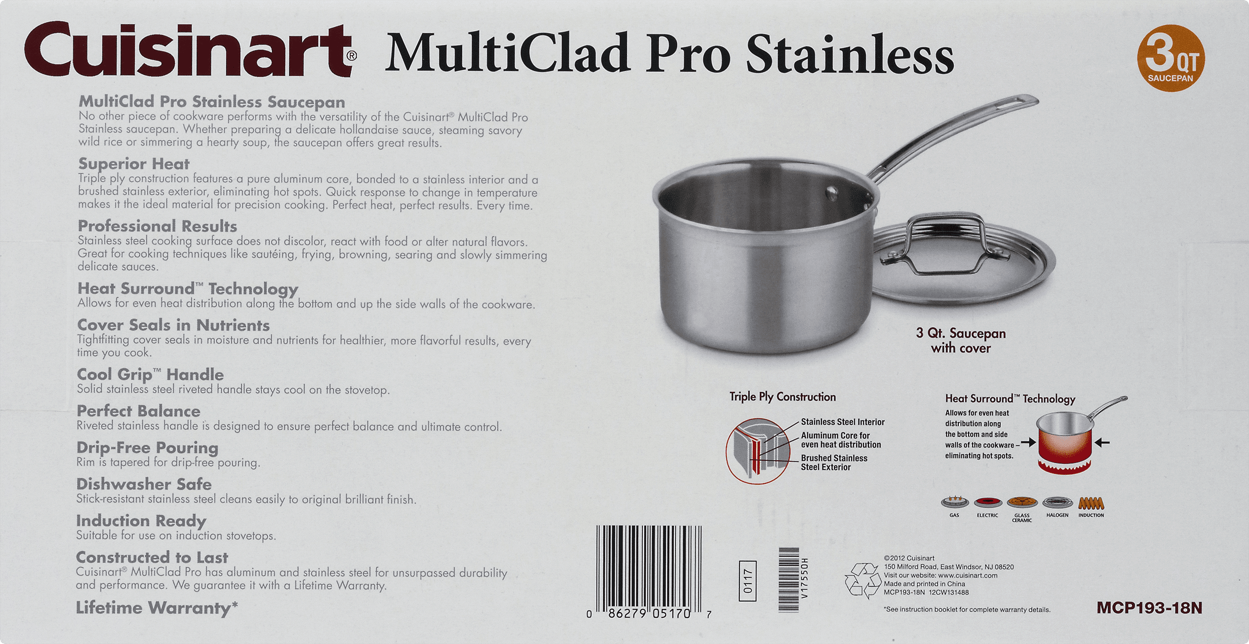 Cuisinart Mcp193-18n MultiClad Pro Stainless Steel 3-Quart Saucepan with Cover
