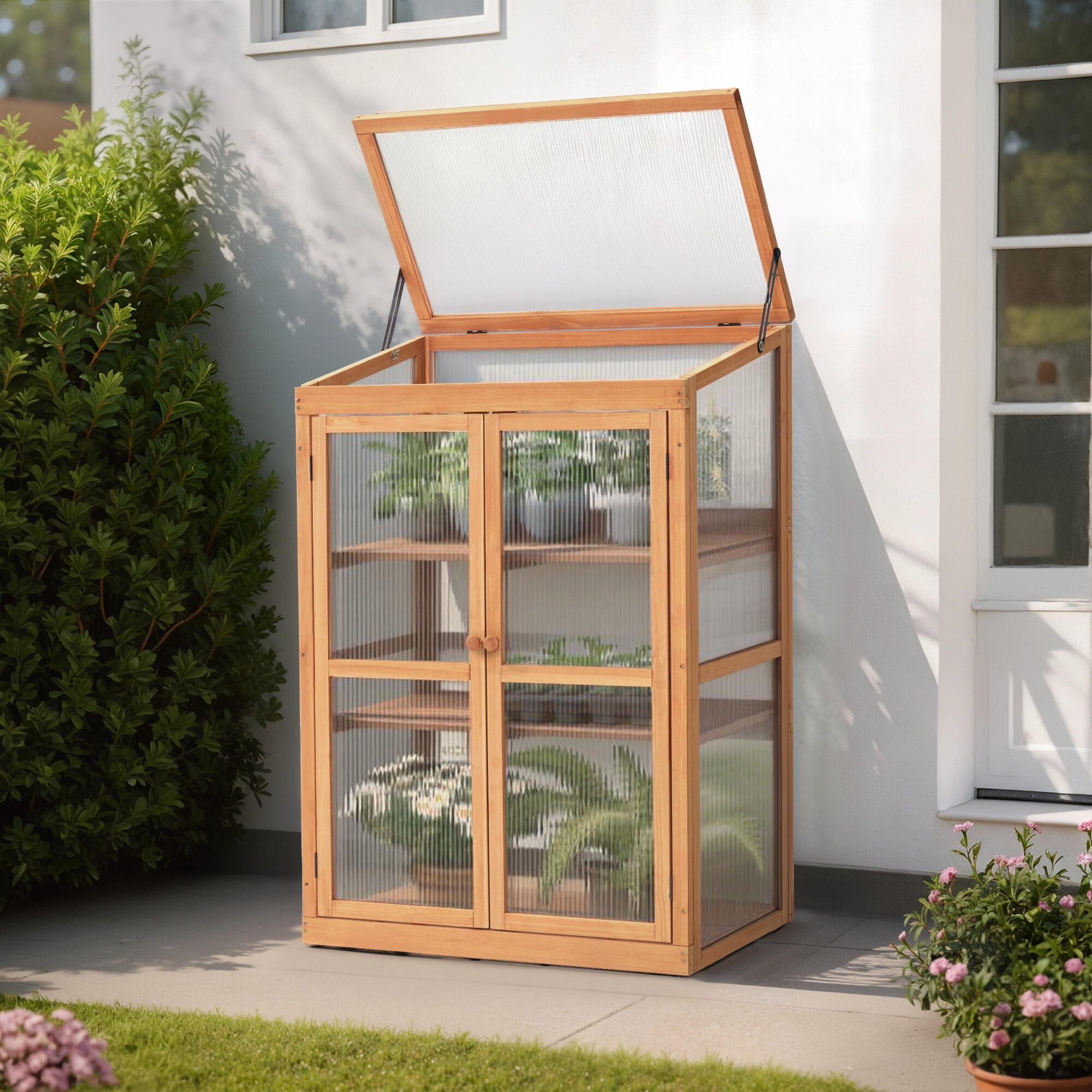 MCombo Greenhouse Wooden Cold Frame Greenhouse, Garden Portable Mini Greenhouse Cabinet, Raised Flower Planter Shelf Protection 0760
