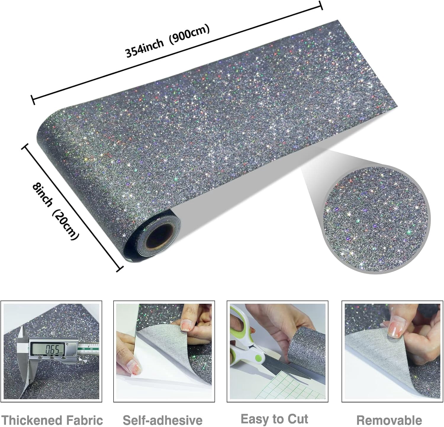 Charcoal Holographic Glitter Wallpaper Border Peel and Stick Wall Border Shiny Glitter Grey Wallpaper Border Sticker Self Adhesive Removable Fabric Contact Paper Border for Home Decor 8"x354"