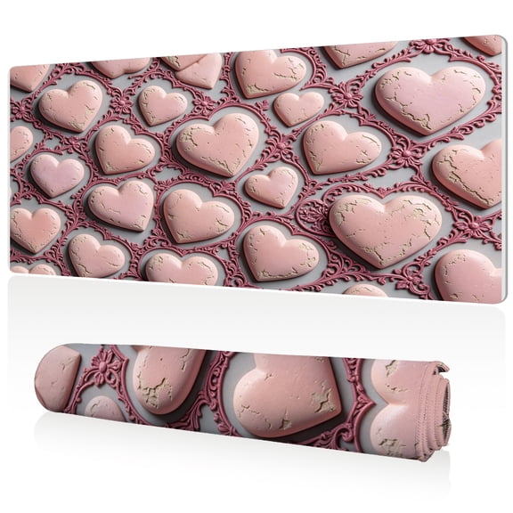 LIVEKEY Mouse Pad 80x40x0.3cm Pink Hearts with Crackle Texture and Ornate Scrollwork Design Extra Large Full Desk Coverage Non Slip Durable Easy Clean Stitched Edges for Gaming and Office