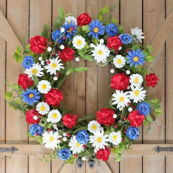 Peacheart 15inch 4th of July Patriotic Wreath for Front Door, Rustic Red White and Blue Daisy Hydrangea Flower Wreath with Berries for Independence Day Memorial Day Farmhouse Home Decor