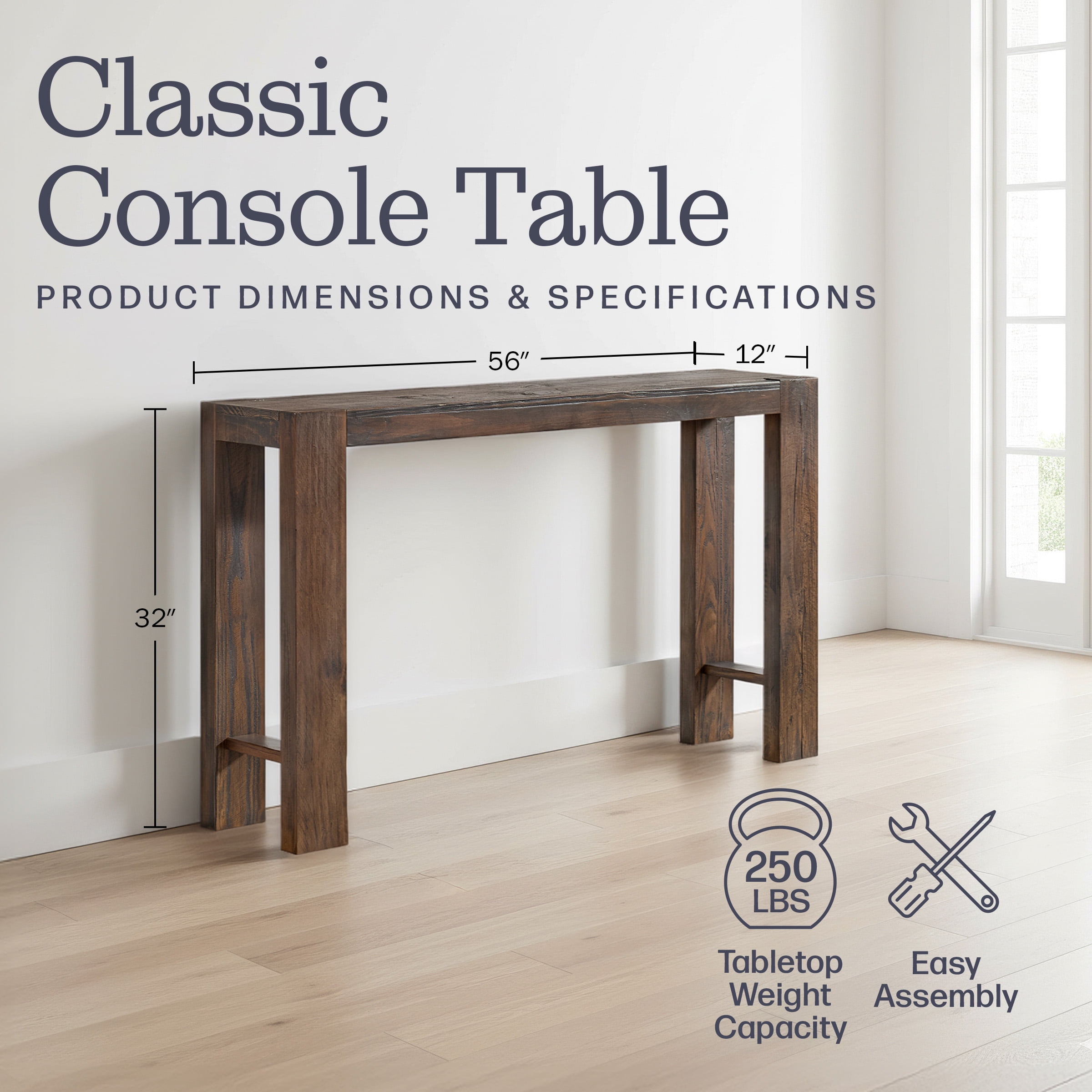 Alaterre Furniture Classic Solid Wood Console Table - 56in Modern Farmhouse Entryway Table, Brown