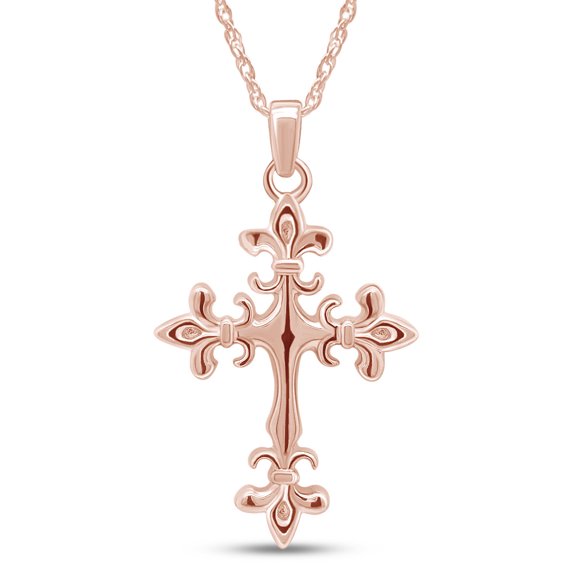 14k Rose Gold Over Sterling Silver In Fleur-de-Lis Cross Pendant Necklace Jewelry For Womens