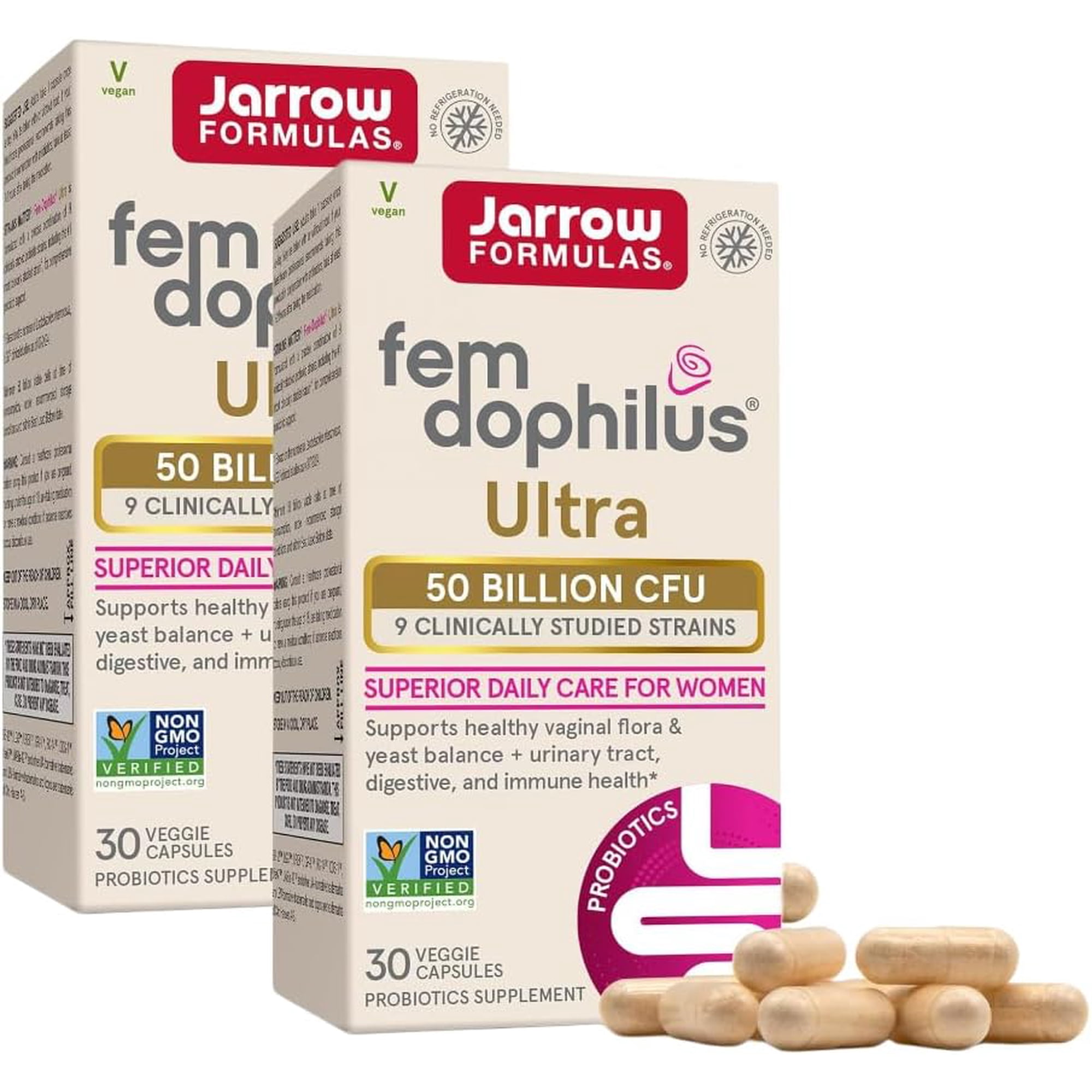 Jarrow Formulas Fem-Dophilus Vaginal & Digestive Probiotic 50 Billion CFU, 9 Clinically-Studied Strains, for Vaginal Flora & Yeast Balance, Urinary Tract, Digestive, 30 Capsules (Pack of 2)