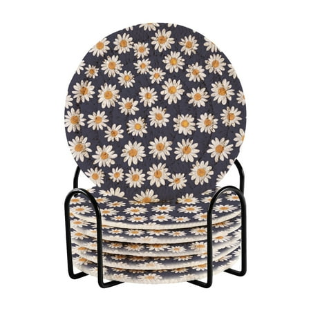 

6-Piece Premium Drink Coaster Set with Holder – Absorbent Cotton Woven Coasters for All Beverages Minimalist Home Decor & Table Protection. Navy Small Daisy