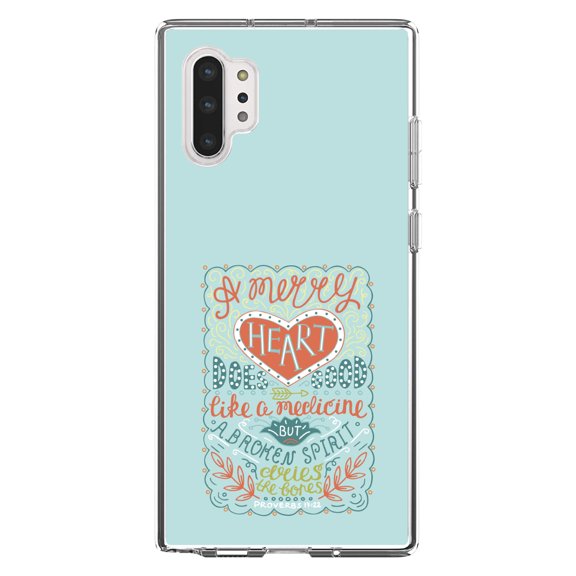 DistinctInk Clear Shockproof Hybrid Case for Galaxy Note 10 PLUS (6.8" Screen) - TPU Bumper, Acrylic Back, Tempered Glass Screen Protector - Proverbs 17:22 - A Merry Heart Does Good