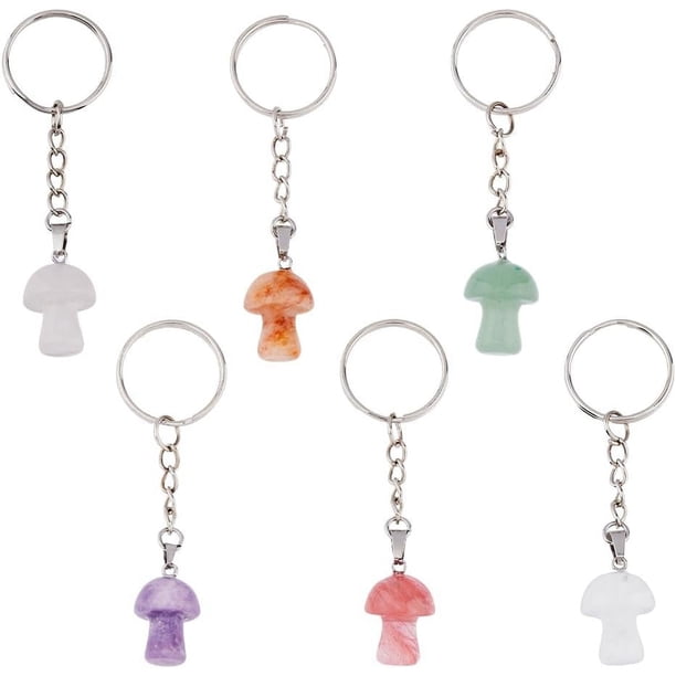 Juego de 6 llaveros con forma de hongo (6 estilos), novedosos, con dije de piedra preciosa de hongo, para llave de coche.
