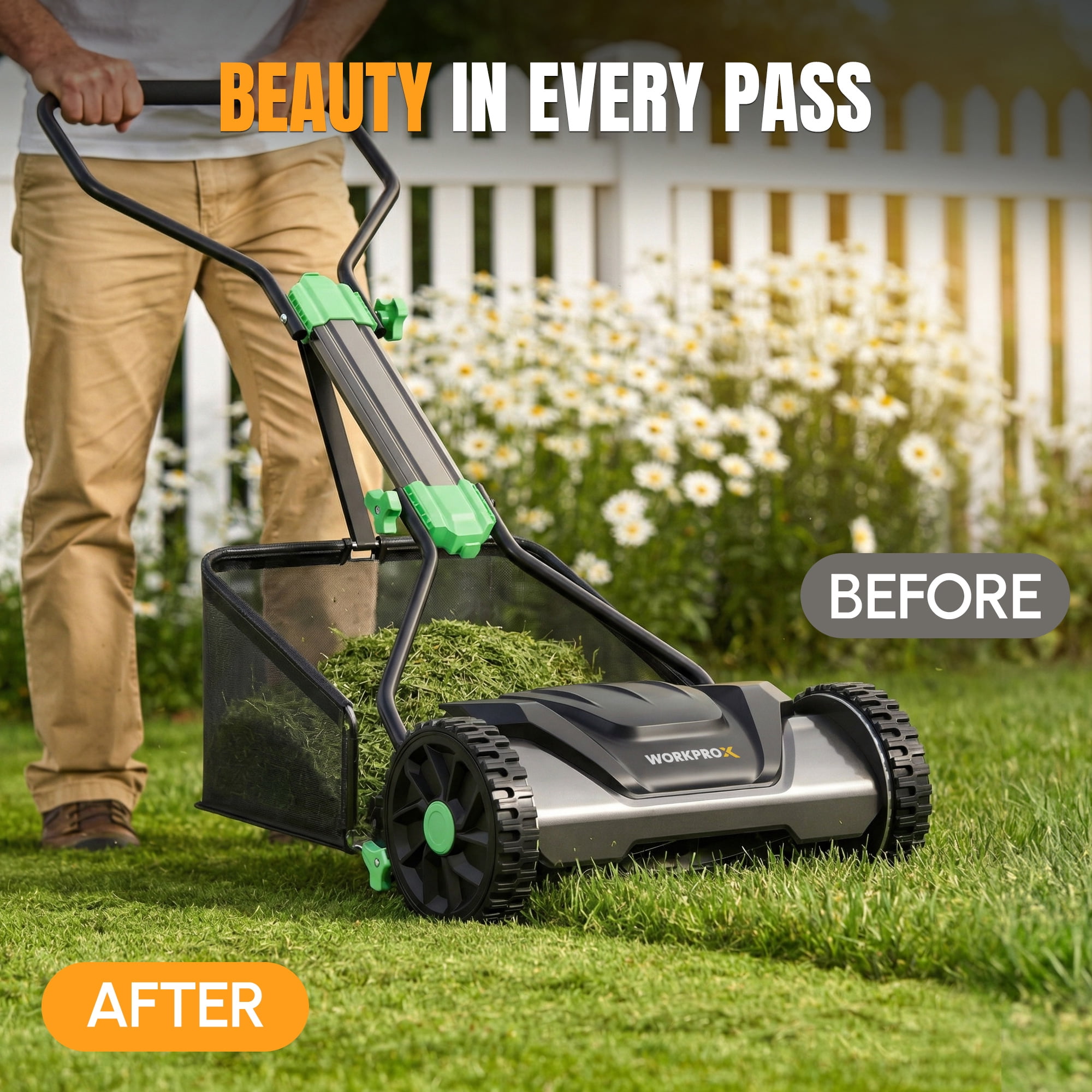 WORKPROX 16-inch Push Reel Lawn Mower, 5-Blade Manual Mower, Adjustable Height, 8-gallon Grass Catcher, for Lawn, Yard & Garden