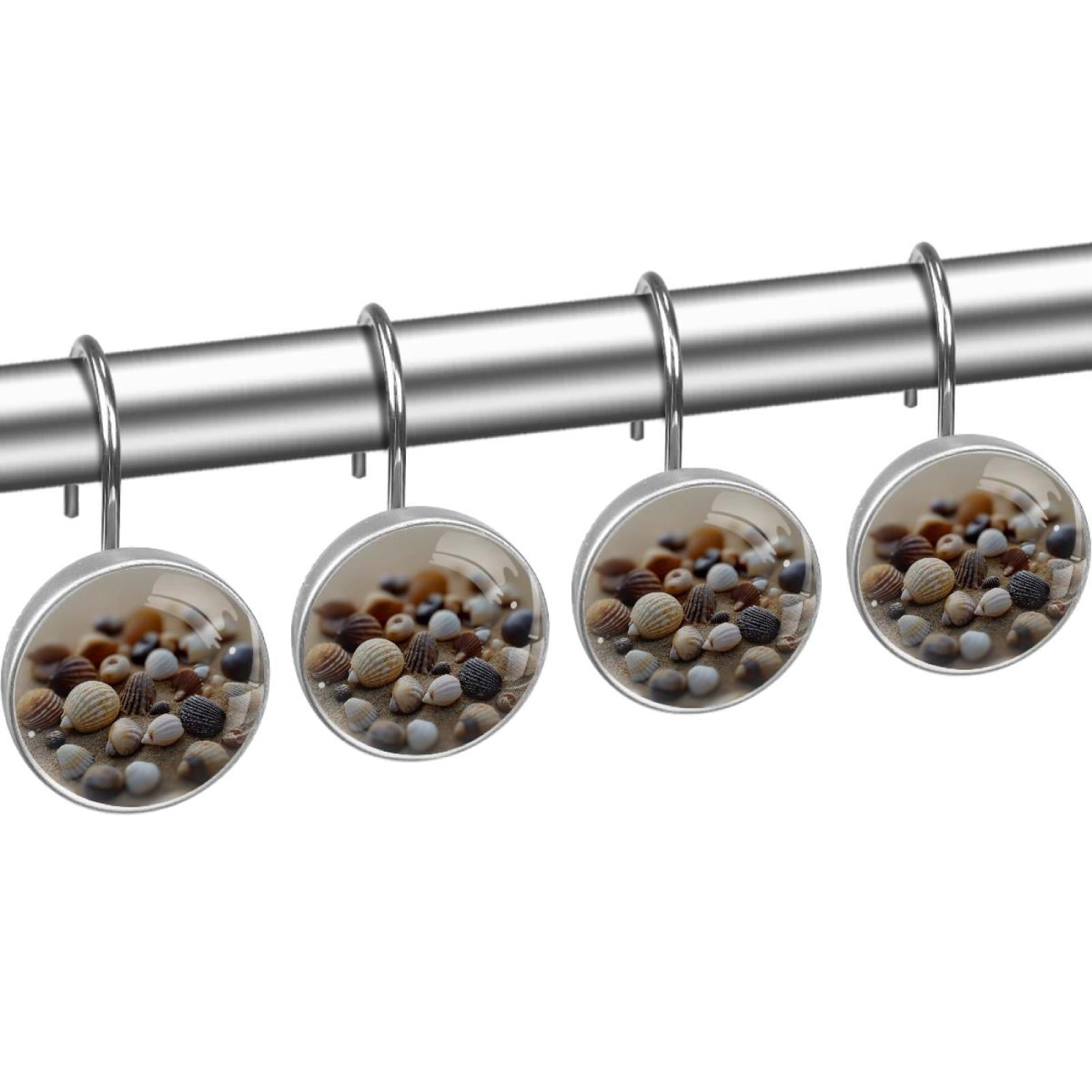 Shells on Beach Shower Curtain Hooks Round Crystal Glass, Set of 12 Shower Curtain Rings - Shower Hooks for Curtain Shower Rings