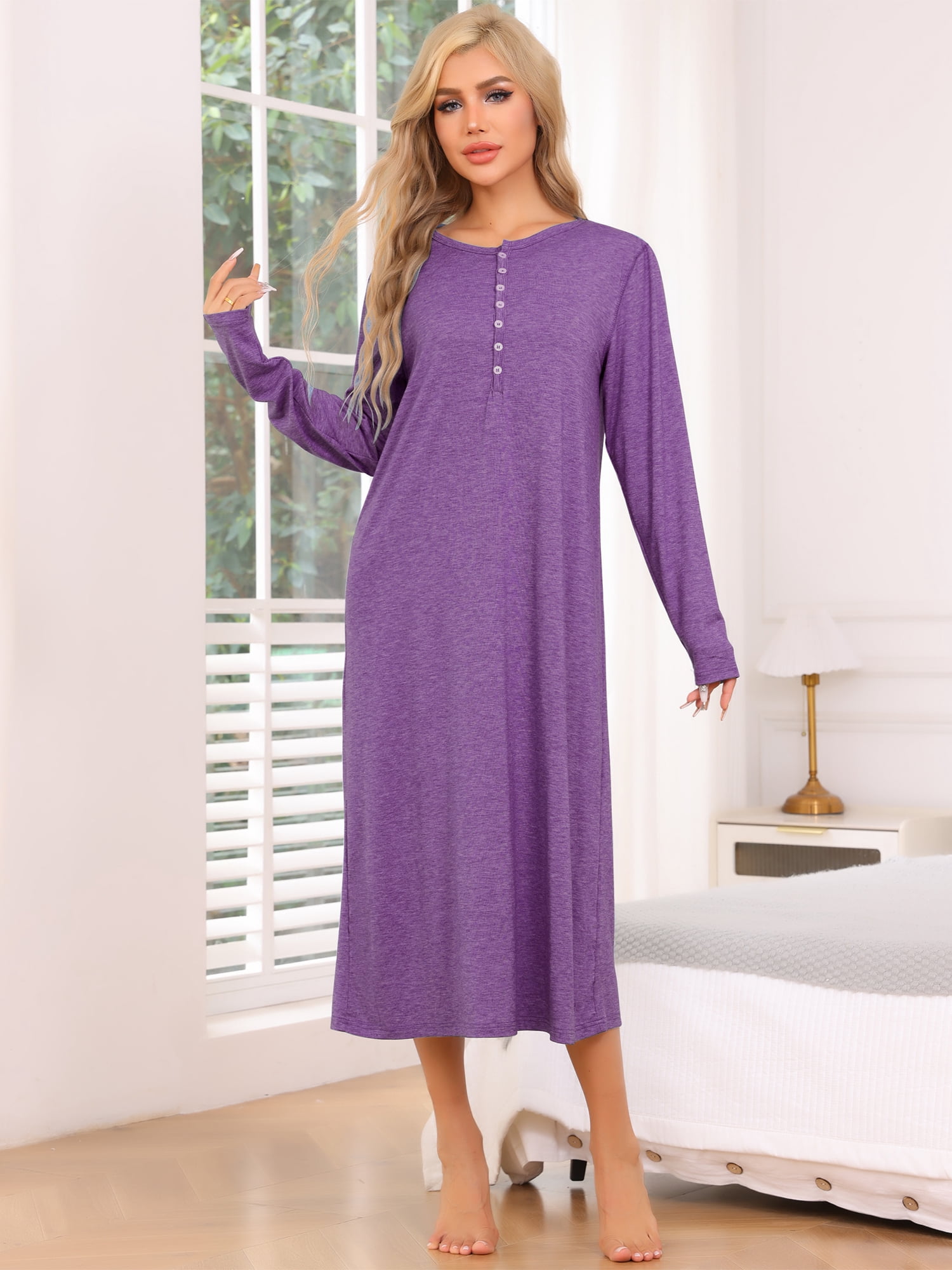 DARING DIVA Women's Long Sleeve Long Soft Button Down Nightshirt L Purple