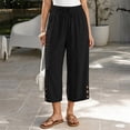 thumbnail image 2 of LEAVINGSUO Linen Pants for Women Solid Color Casual Decorative Button Drawstring Capri Trousers Black S, 2 of 5
