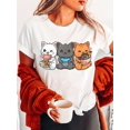 thumbnail image 1 of Three Cartoon Cats Fashion Cotton Letter Print T-shirt, Short Sleeve Crew Neck Casual Top for Summer & Spring, Women's Clothing, 1 of 6