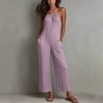thumbnail image 2 of Women's Solid‑Color Spaghetti Strap Wide‑Leg Jumpsuit Front Tie V‑Neck Back Zipper Loose‑Fit One‑Piece Pants with Side Pockets Purple XXL(XXL), 2 of 9