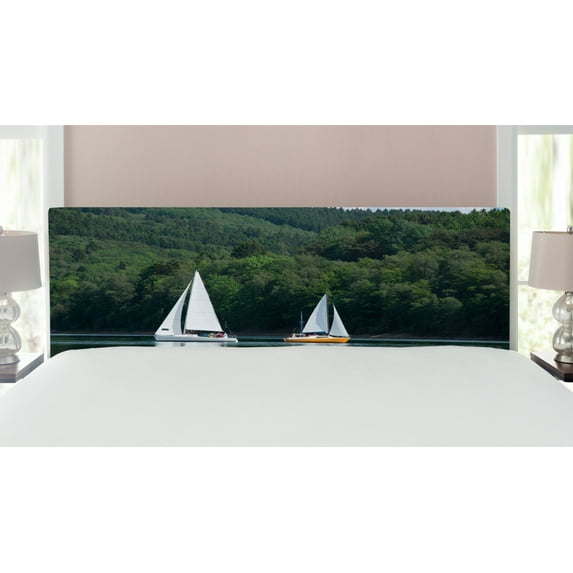 Sailboat Headboard, Sailboats on a Lake Forest Hill Yachting Countryside Coastline Nature Scenics, Upholstered Decorative Metal Bed Headboard with Memory Foam, King Size, Green White, by Ambesonne