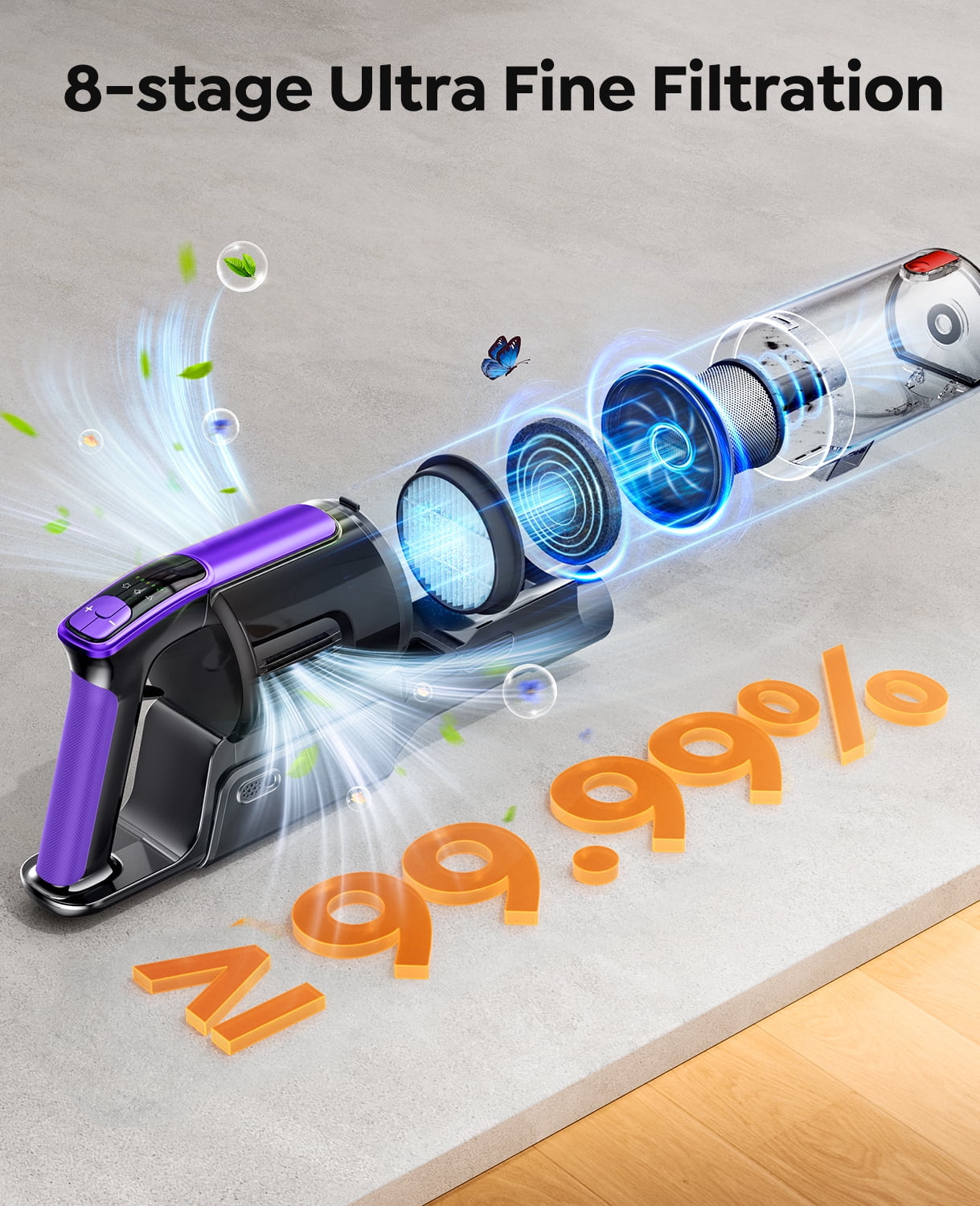 Buture VC100 Cordless Stick Vacuum Cleaner, 500W 48KPa Strong Suction, 55-Min Runtime Lightweight for Pet Hair Carpet HardFloor
