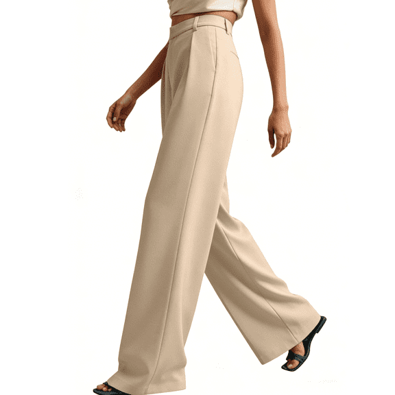 Zynoxe Womens Wide Leg Pants Casual Business High Waisted Straight Dressy Pants with Pockets Trendy Flowy Loose Ventilate Work Office Palazzo Pants for Women Beige S