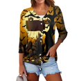 thumbnail image 1 of Blusa de Halloween con botones para mujer, estampado de bruja volando sobre un castillo encantado, manga 3/4, camisa informal con cuello en V, 1 of 4