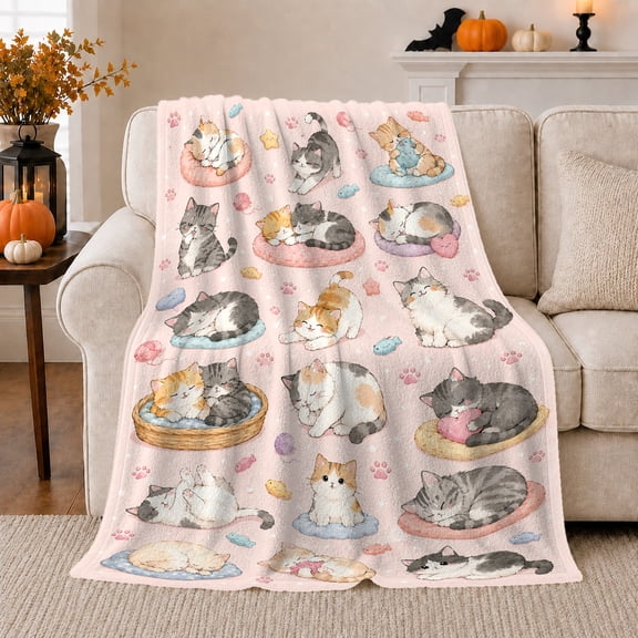 Sleeping Kittens Watercolor Pink Pattern Whimsical Gentle, Playful Pet Portrait Pattern, Warm Flannel Blanket for Living Room and Bedroom, Cat Lovers Just Because Gift, Pet Lover Home Decor