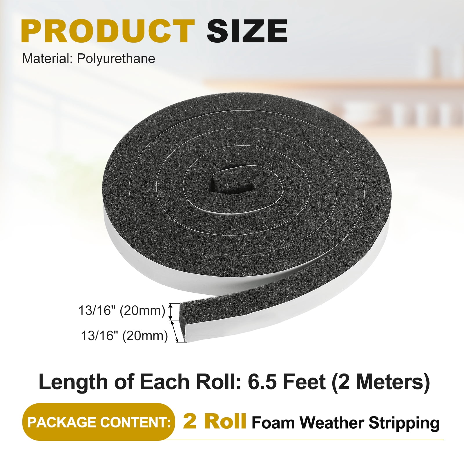Weather Stripping Door Seal, 2 Rolls 13/16" x 13/16" Adhesive Foam Tape Seal Soundproof Insulation Strips for Door Frame Window Gaps (13 Feet Total, 6.5 Feet/Roll)
