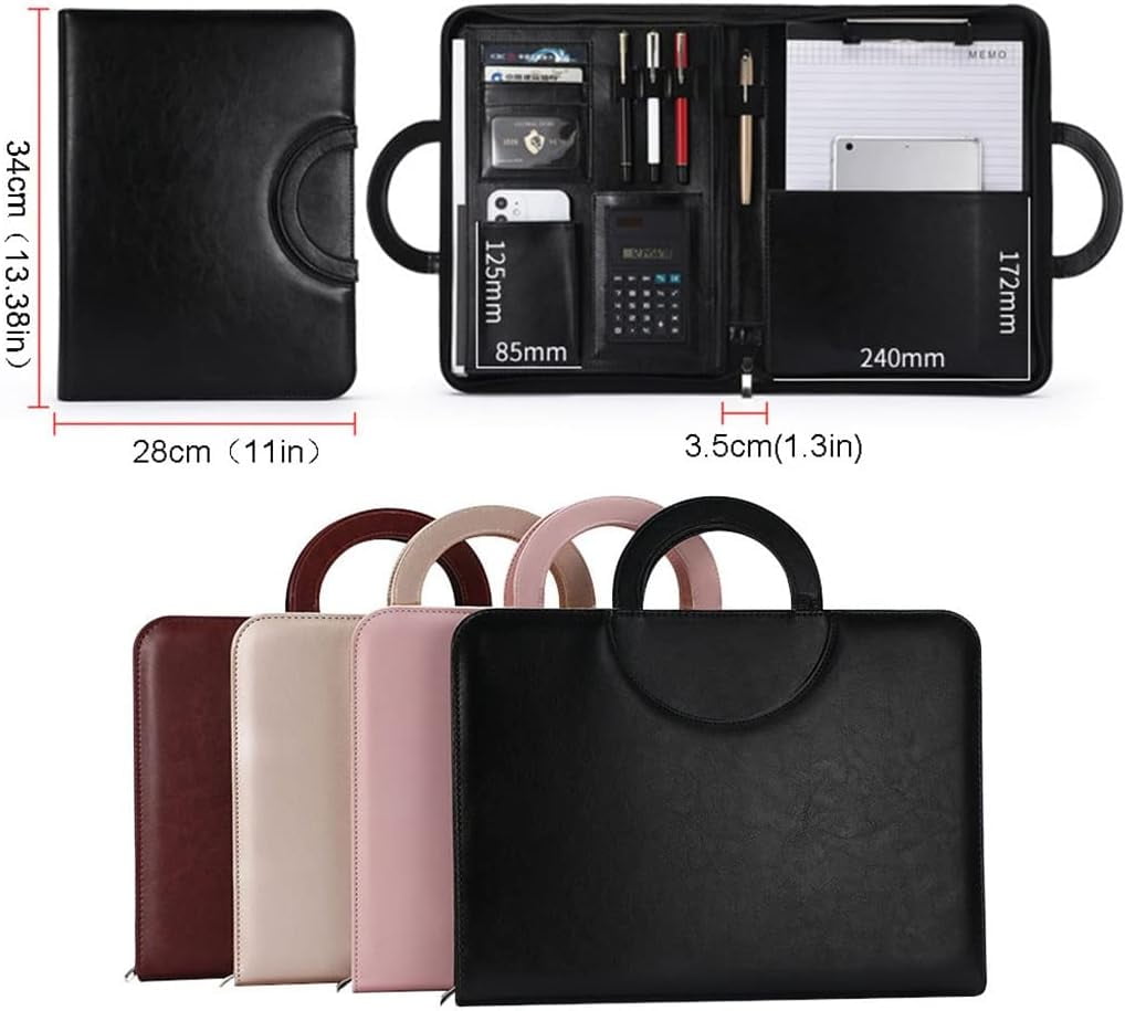 RKXQT A4 Portfolio Folder with Handles Women Business Briefcase Pu Leather Document Case Notebook Organizer Binder File Bags (Color : Red) (Red)