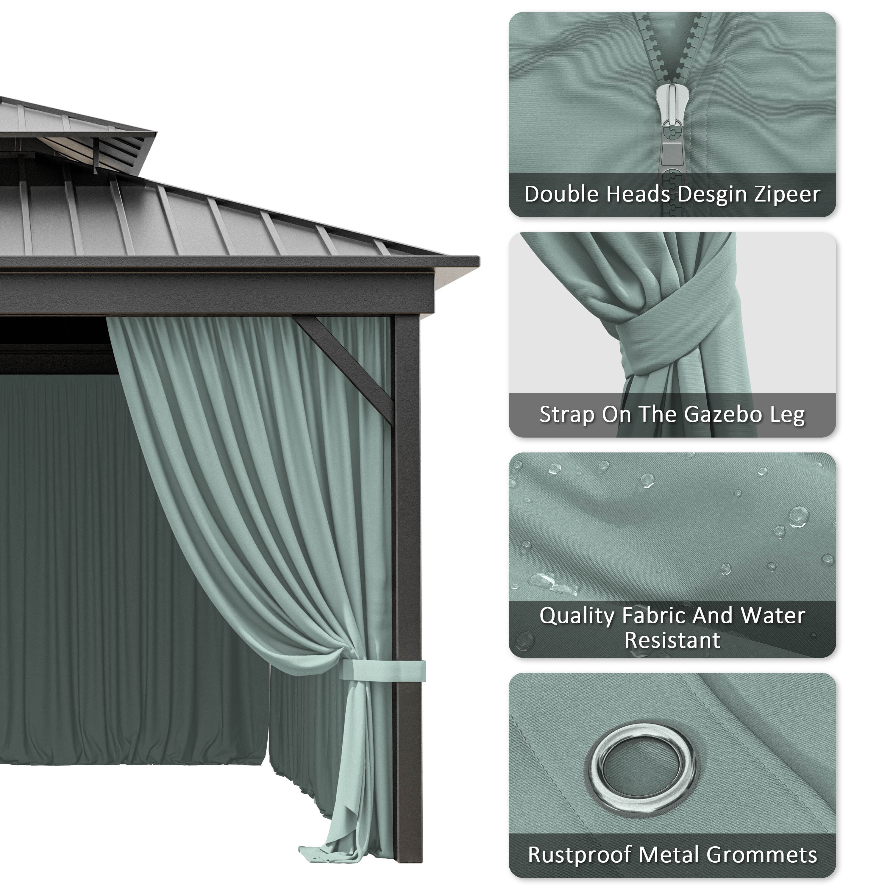 Kimunuk Outdoor Replacement Curtains for 10' X 12' Gazebo, Waterproof 4-Panels Calcite Blue Gazebo Universal Privacy Sidewall Curtains with Zipper for Patio Garden Backyard, Curtain Only
