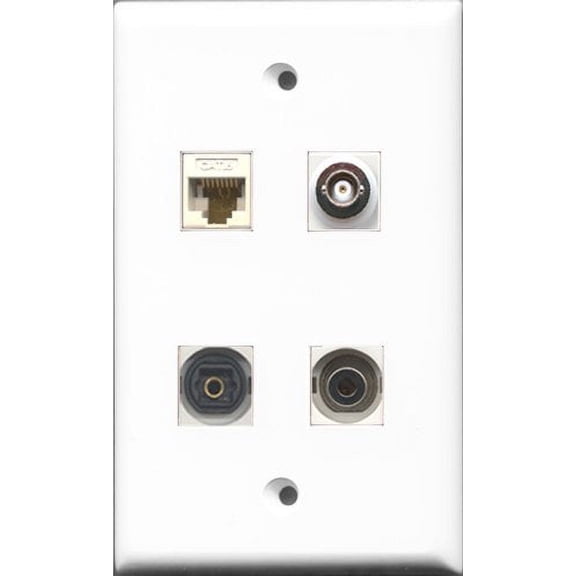 RiteAV 1 Port Toslink and 1 Port 3.5mm and 1 Port BNC and 1 Port Cat6 Ethernet White Wall Plate