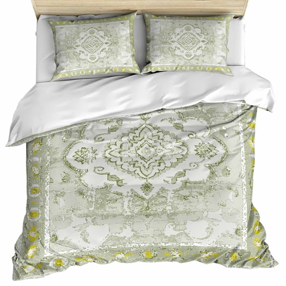 Sage Green Bedding 3 Piece Duvet Cover Set Queen Size, Boho Retro Decorative Abstract Floral Ethnic Soft Microfiber Comforter Cover with Zipper Closure & Pillowcases, FadeResistant Quilt Cover