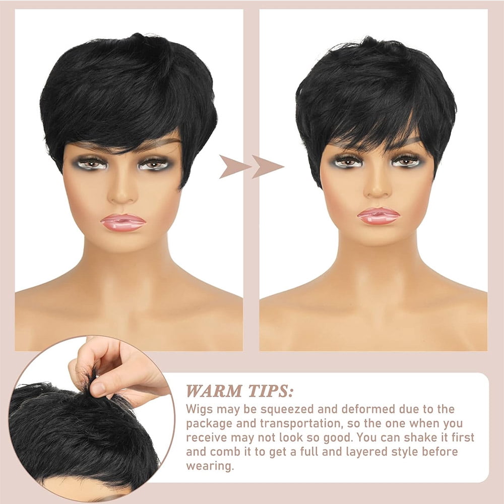 Human Hair Pixie Cut Wigs for Black Women Short Layered Straight Pixie Cut Wigs With Bangs Remy Hair Natural Black Color No Glue Wig