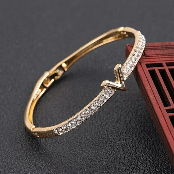 Designer Letter V Inlaid Zircon Crystal Gold Color Bangle Bracelet for Women Trendy Fashion Luxury Jewelry
