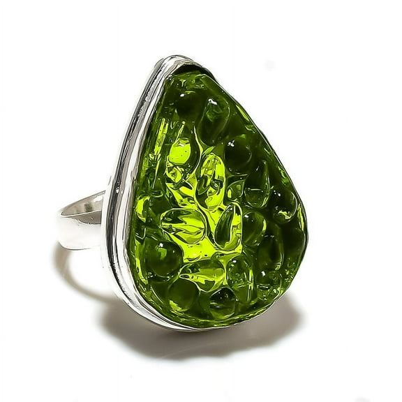 Natural Moldavite Quartz Gemstone 925 Sterling Silver Ring Size 7.5