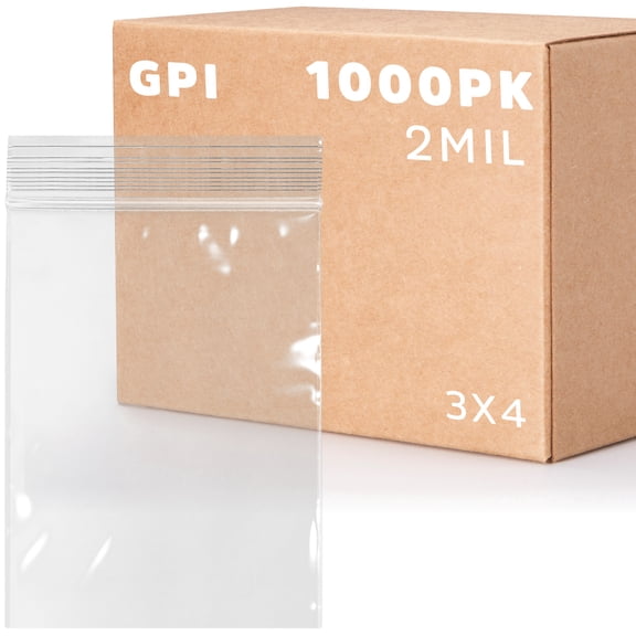 GPI - CASE of 1000 3" x 4" CLEAR PLASTIC RECLOSABLE ZIP BAGS - Bulk 2 mil Thick Strong & Durable Poly Bagies with Resealable Zip Top Lock for Travel, Storage, Packaging & Shipping.