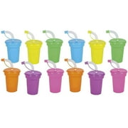 Neon Sipper Cups 5.5 Inches Cool and Fun Colorful Neon Spill-Proof Cup With Lid And Straw (Pack Of 12) Great For School Events, Theme Parties, And Birthday Celebrations Party Supplies