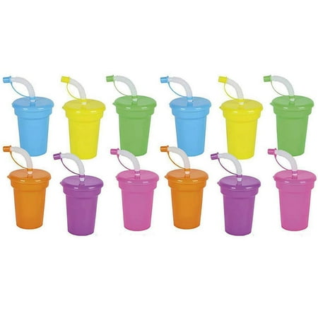 Neon Sipper Cups 5.5 Inches Cool and Fun Colorful Neon Spill-Proof Cup With Lid And Straw (Pack Of 12) Great For School Events, Theme Parties, And Birthday Celebrations Party Supplies