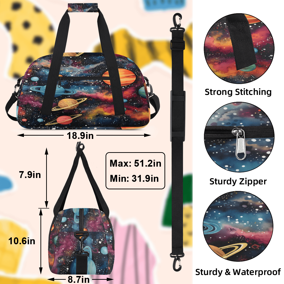Herdesigns Outer Space Sports Duffle Bag for Women & Men, Solar System Universe Gym Bag Dance Bag Overnight Bag Carry On Weekender Travel Bag