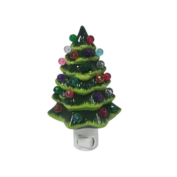 Décorations de Noël - Veilleuse en Céramique en Forme de Sapin de Noël avec Prise, Bordure à Double Couleurs, Lampe de Chevet en Forme de Sapin de Noël