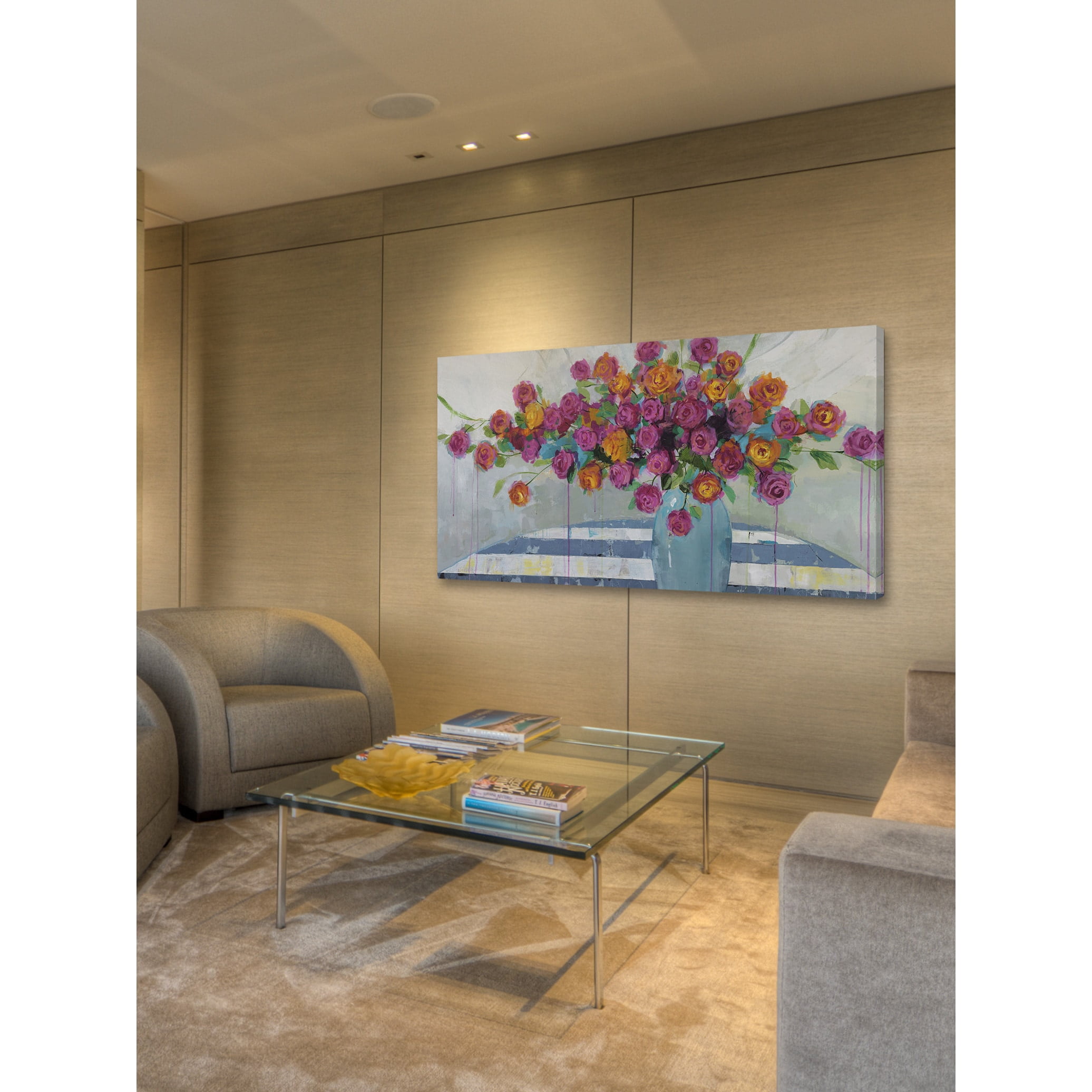 MARMONT HILL  - 'Stripes and Blooms' by Julie Joy Painting Print on Wrapped Canvas - Purple 36 x 18