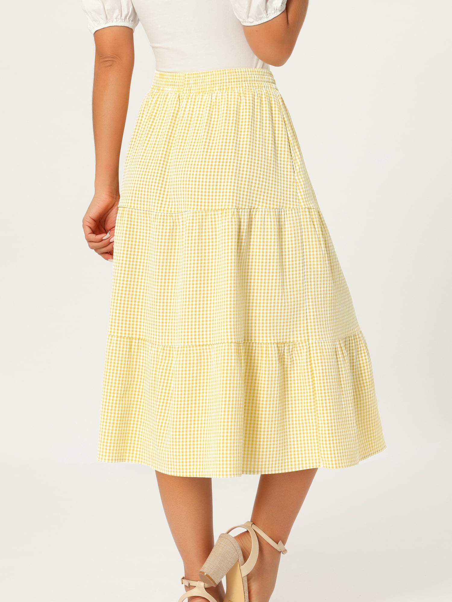 DARING DIVA Women's Gingham Drawstring Waist Tiered A-Line Midi Skirt Small Yellow